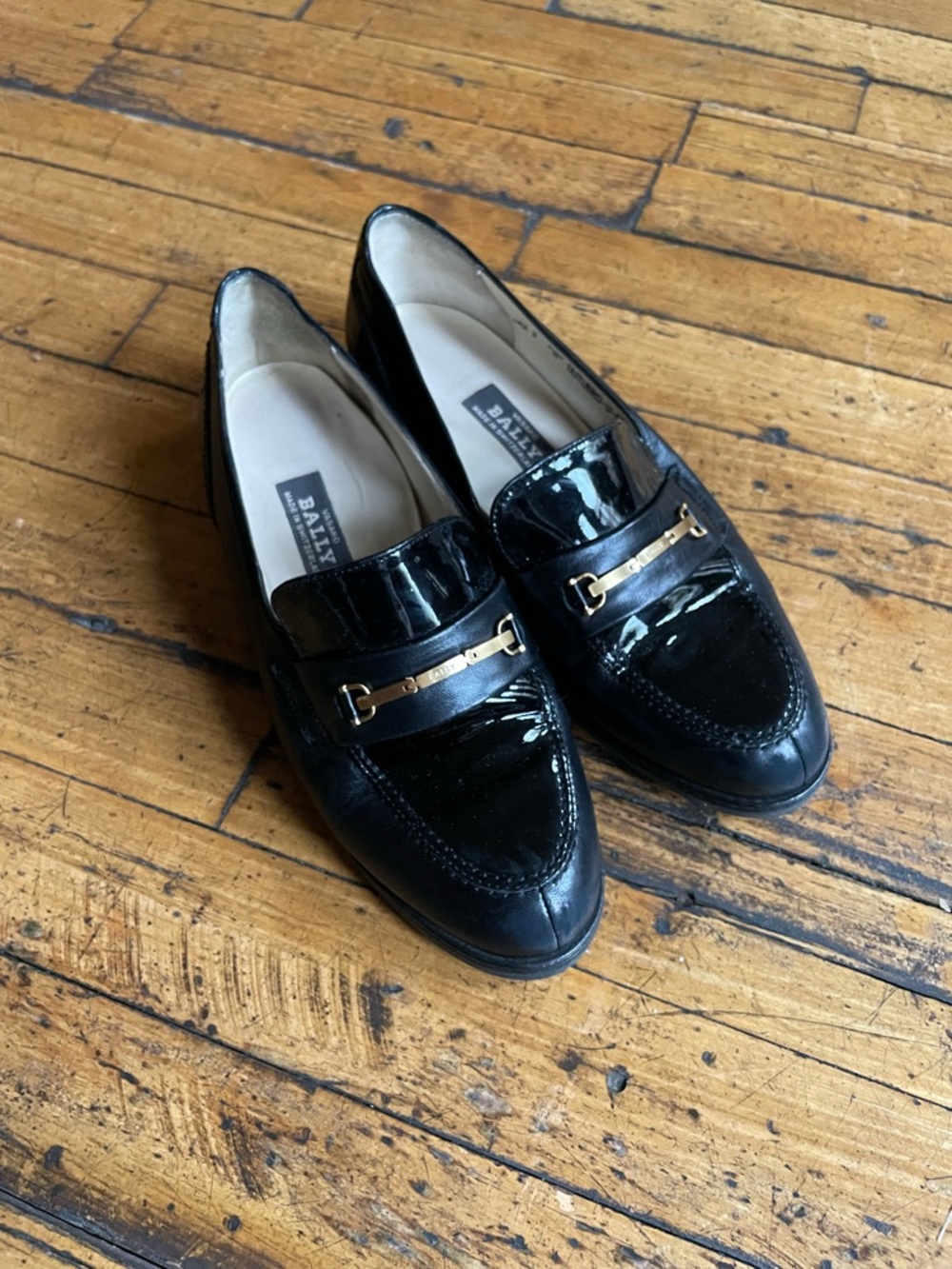 Vintage Bally Black Patent Leather Gold-Accent Loafers